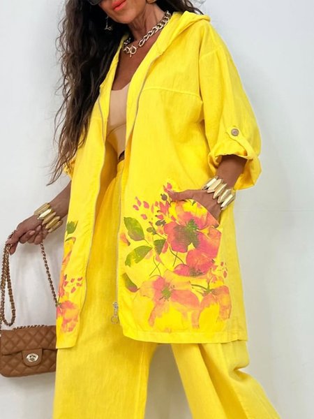 

Linen blend Casual Printing Floral Hoodie Jacket, Yellow, Jackets