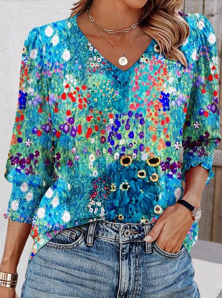 

Casual Floral V Neck Long Sleeve T-shirt, Blue, T-shirts