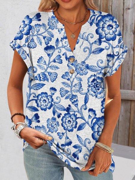 

Casual Floral V Neck Short Sleeve T-shirt, As picture, T-shirts