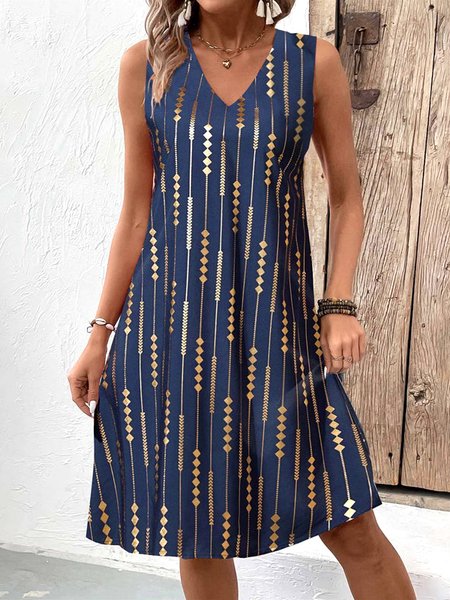 

Women Geometric Summer Dress V Neck Sleeveless Tank A-Line Dress, Navyblue, Midi