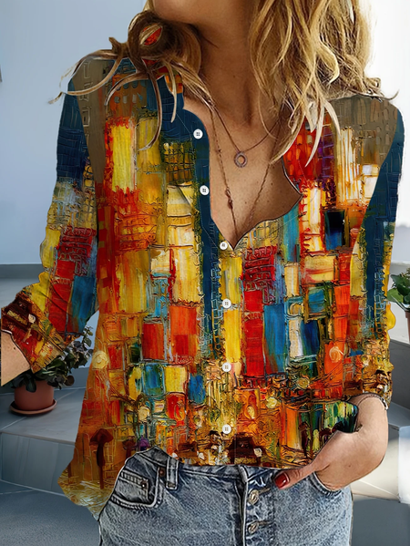 

Women Abstract Long Sleeve Shirt Spring/Fall Buckle Shirt Collar Daily Casual Top, As picture, Shirts