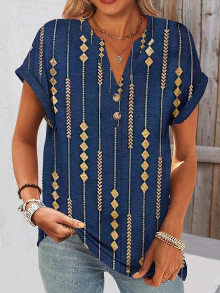 

Casual Floral V Neck Short Sleeve T-shirt, Navyblue, T-shirts