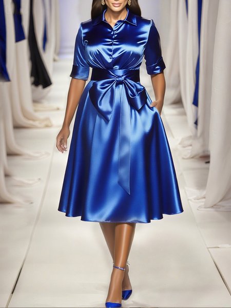 

Elegant Plain Shirt Collar Midi Dress With Belt, Blue, Midi Dresses