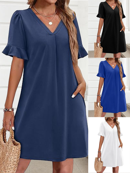 

Women Plain Summer Dress V Neck Short Sleeve Fit & Flare Dress A-Line Dress, Deep blue, Dresses