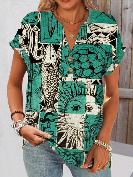 

Casual Art Painting V Neck Short Sleeve Comfy Cotton T-shirt, Green, T-shirts
