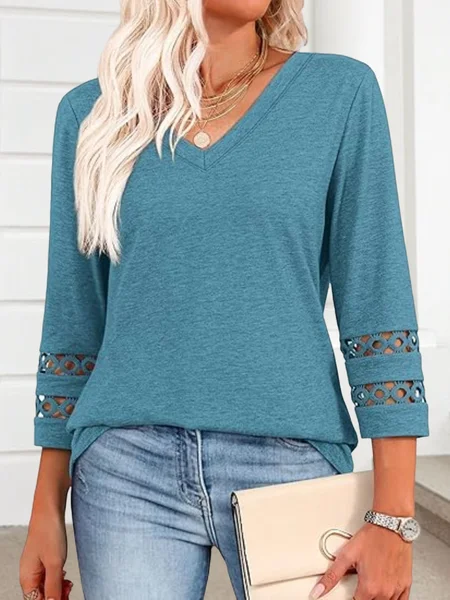 

Casual Plain V Neck 3/4 Length Sleeve Comfy T-shirt, Cyan, T-shirts