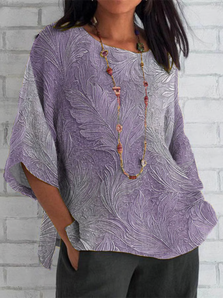 

Casual Floral Crew Neck Half Sleeve T-shirt, Gray purple, T-shirts