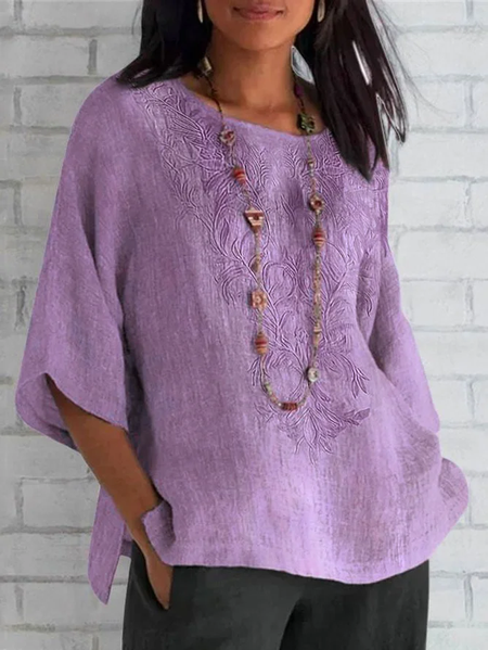 

Casual Floral Crew Neck Half Sleeve T-shirt, Purplish red, T-shirts
