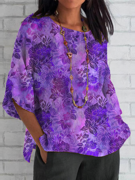 

Women Floral Half Sleeve Tee T-shirt Crew Neck Casual Summer Top, Purple, T-Shirts