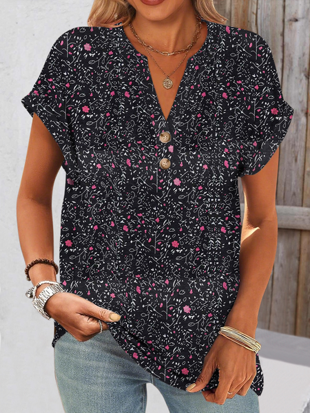 

Casual Floral V Neck Short Sleeve T-shirt, As picture, T-shirts
