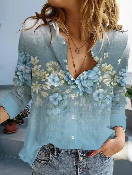 

Women Floral Long Sleeve Shirt Spring/Fall Buckle Shirt Collar Daily Casual Top, Blue, Shirts