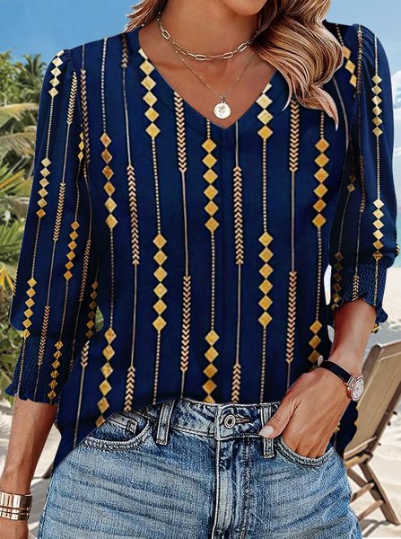 

Casual Striped V Neck Long Sleeve T-shirt, Navyblue, T-shirts