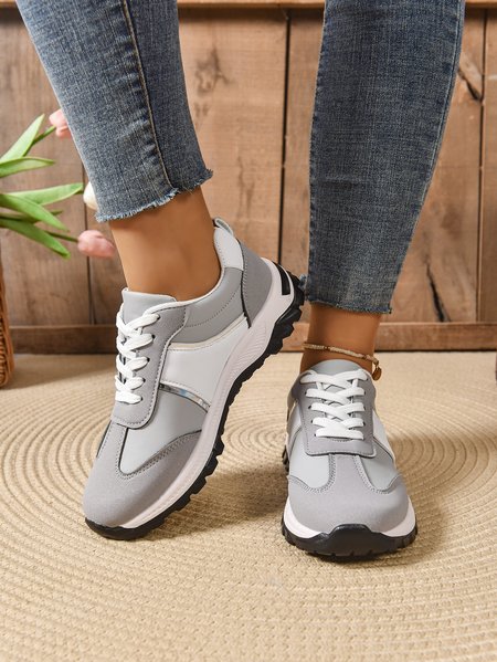 

Vintage Color Block Lace-Up Low Heel Outdoor Sneakers, Gray, Women shoes