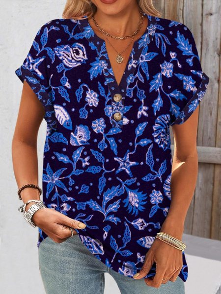 

Casual Sea Art Painting V Neck Short Sleeve Comfy T-shirt, Deep blue, T-shirts