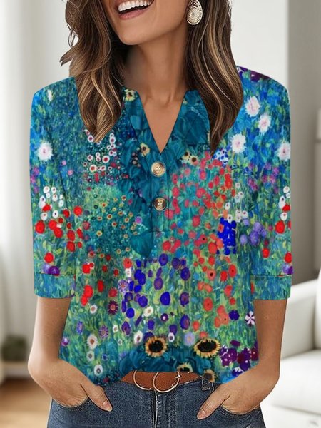 

Casual Floral V Neck Three Quarter Sleeve T-shirt, Blue, T-shirts