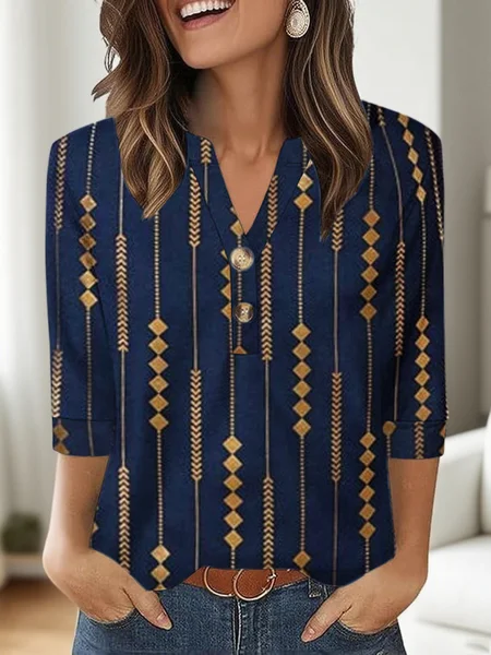 

Casual Floral V Neck Three Quarter Sleeve T-shirt, Navyblue, T-shirts