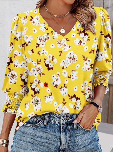 

Casual Floral V Neck Long Sleeve T-shirt, Yellow, T-shirts