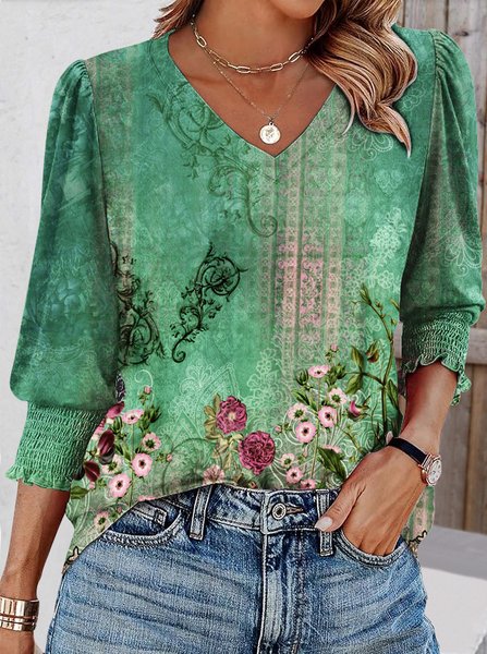 

Casual Floral V Neck Long Sleeve T-shirt, Green, T-shirts