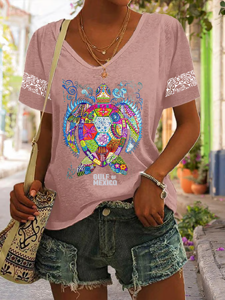 

Casual Geometric V Neck Short Sleeve T-shirt, Pink, T-shirts