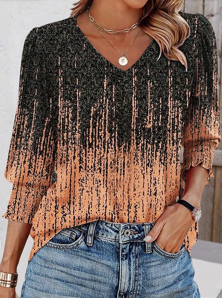 

Casual Floral V Neck Long Sleeve T-shirt, Brown, T-shirts