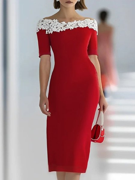 

Elegant Plain Split Joint Boat Neck Knee Length Dress, Red, Midi Dresses