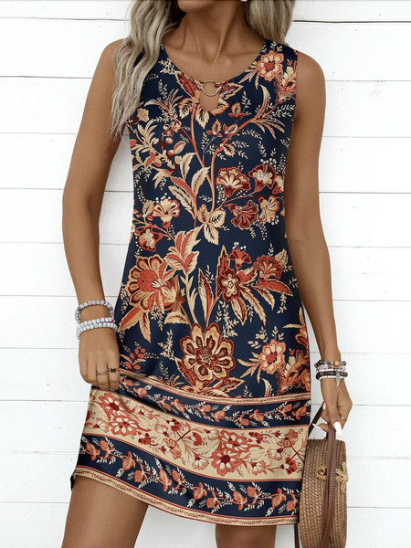 

Women Floral Summer Dress Crew Neck Sleeveless Tank A-Line Dress, Black, Dresses