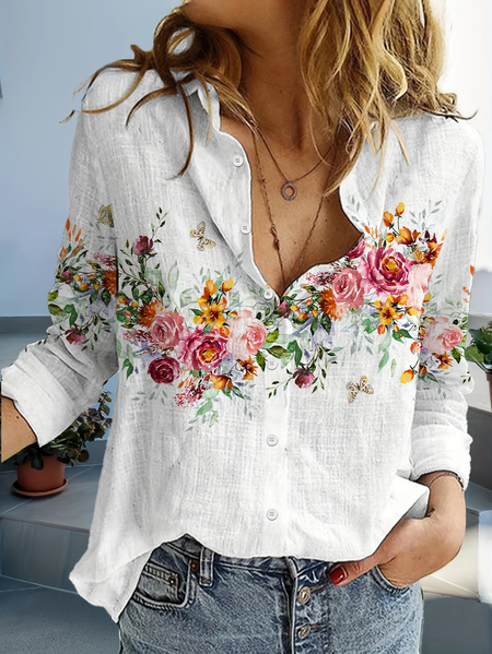 

Women Floral Long Sleeve Shirt Spring/Fall Buckle Shirt Collar Daily Casual Top, White, Shirts