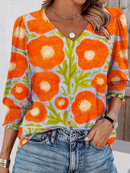

Casual Floral Art Painting V Neck Long Sleeve Comfy T-shirt, Orange, T-shirts