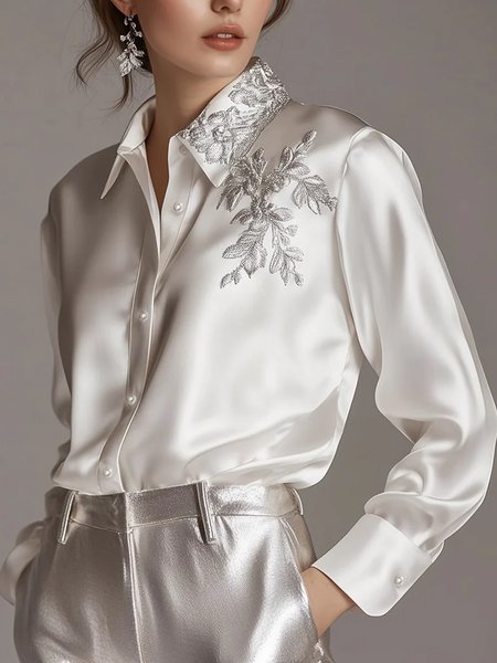 

Satin Elegant Floral Embroidery Shirt, White, Blouses and Shirts