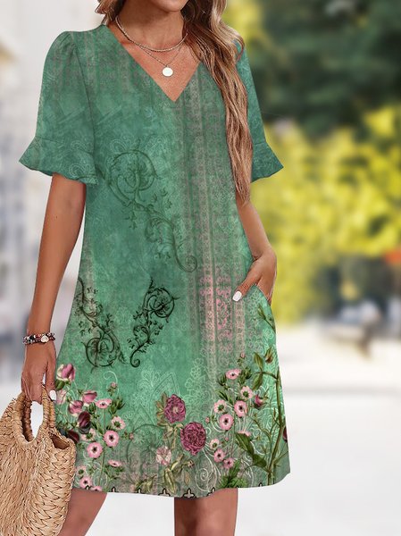 

Women Floral Summer Dress V Neck Sleeveless Tank A-Line Dress, Green, Dresses