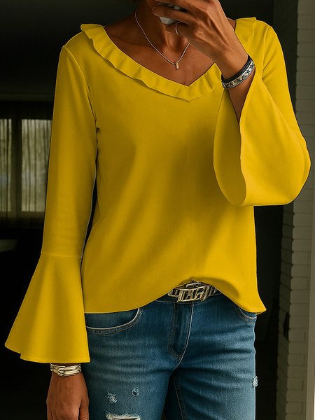 

Casual Plain V Neck Long Sleeve T-shirt, Yellow, T-shirts