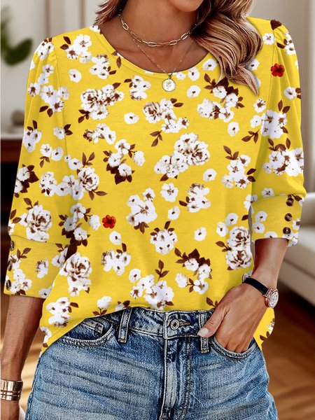 

Casual Floral Crew Neck Three Quarter Sleeve T-shirt, As picture, T-shirts
