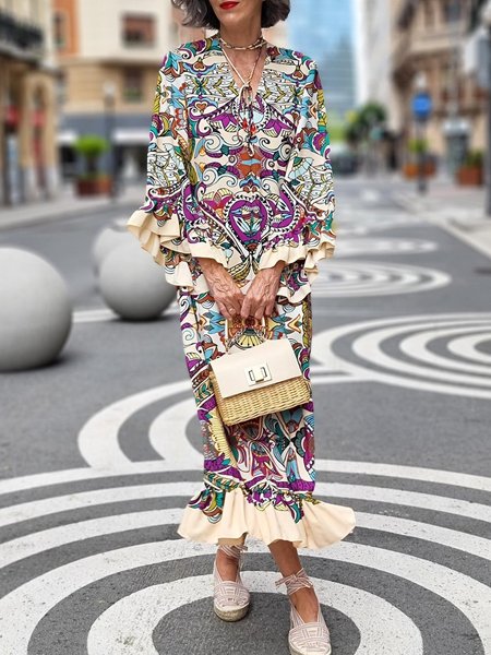 

Casual Ethnic Geometry Ruffle Sleeve Printing V Neck Maxi Dress, As picture, Maxi Dresses