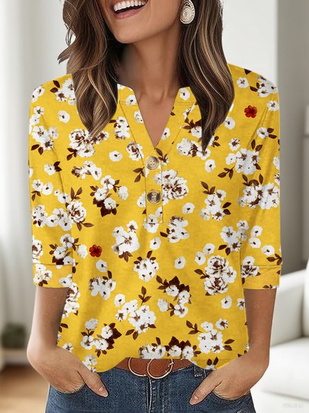 

Casual Floral V Neck Three Quarter Sleeve T-shirt, Yellow, T-shirts