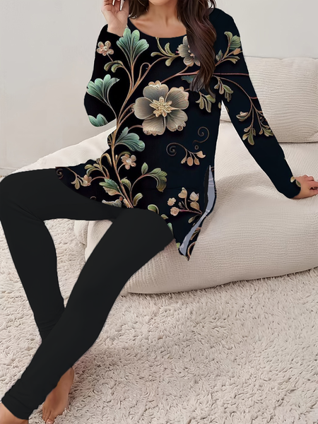 

Women Floral Printing Two-Piece Set Daily Long Sleeve Casual Spring/Fall Top With Pants Matching Set, Black, Suit Set