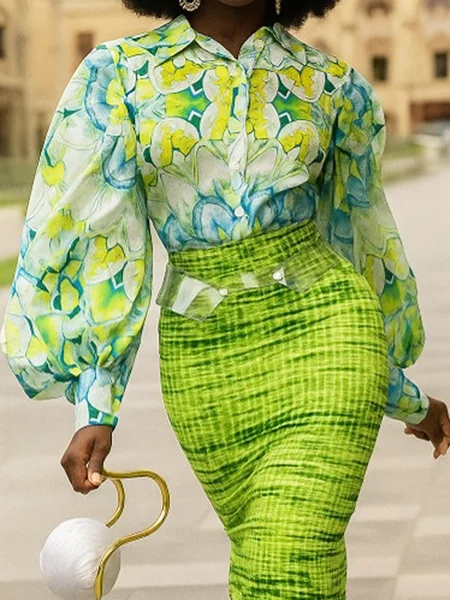 

Elegant Plants Printing Shirt Collar Balloon Sleeve Shirt, Green, Blouses and Shirts