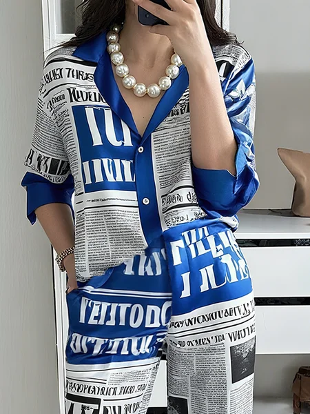 

Casual Letter Pattern Printing Shirt Collar Raglan Sleeve Shirt, Blue, Blouses and Shirts