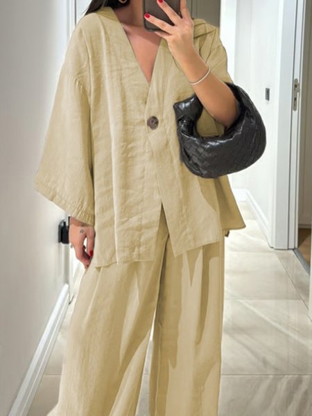 

Casual Plain V Neck Two-Piece Set, Apricot, Suits