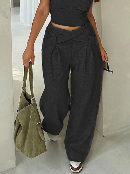 

Casual Plain Pockets Cross Fashion Pants, Black, Pants