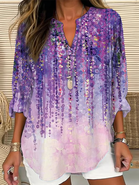 

Women Abstract Long Sleeve Blouse Spring/Fall Printing V Neck Daily Casual Top, Purple, Shirts