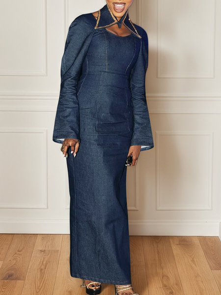 

Urban Plain Shirt Collar Maxi Denim Dress, Denim blue, Maxi Dresses