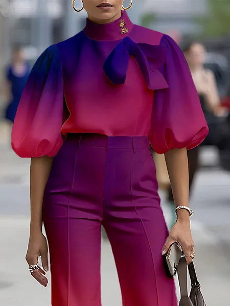 

Elegant Gradient Pattern Printing Stand Collar Puff Sleeve Blouse, Fuchsia, Blouses and Shirts