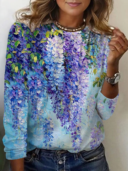 

Women Floral Long Sleeve Tee T-shirt Crew Neck Printing Casual Spring/Fall Graphic Tee Top, Blue purple, T-Shirts