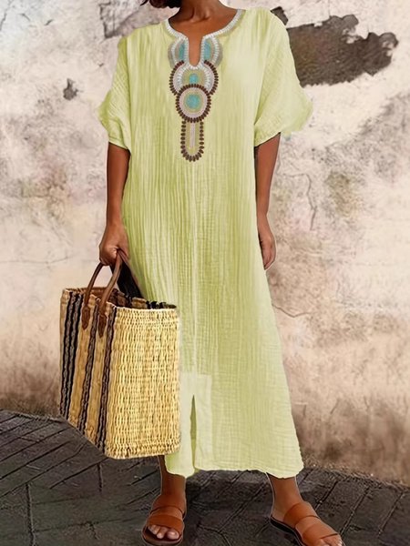 

Vacation Raglan Sleeves Embroidery Maxi Dress, Yellow, Maxi Dresses