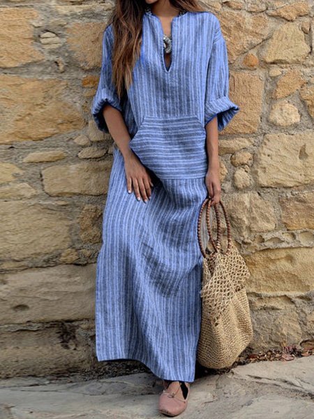

Women's Long Sleeve Spring/Fall Gray Striped Split Joint U-Neck Daily Going Out Vintage Maxi A-Line Tank Dress, Blue, Maxi Dresses
