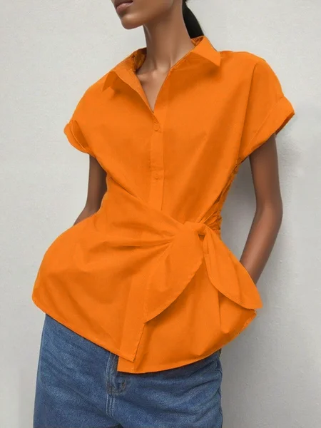 

Cotton Urban Plain Lace-up Shirt Collar Raglan Sleeves Shirt, Orange, Blouses and Shirts