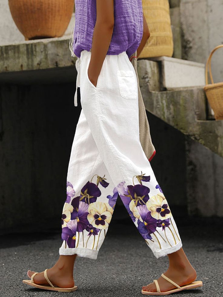 

Women Floral Long Pants Casual Spring/Fall Trousers, White, Pants
