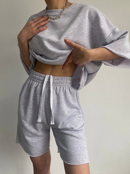 

Casual Plain Crew Neck Two-Piece Set, Light gray, Suits