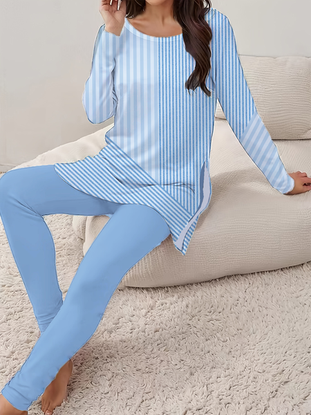 

Women Striped Printing Two-Piece Set Daily Long Sleeve Casual Spring/Fall Top With Pants Matching Set, Blue, Suit Set