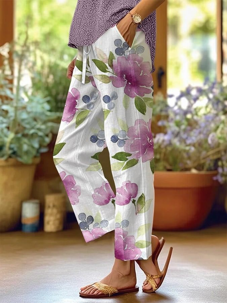 

Women Floral Long Pants Casual Spring/Fall Trousers, White, Pants